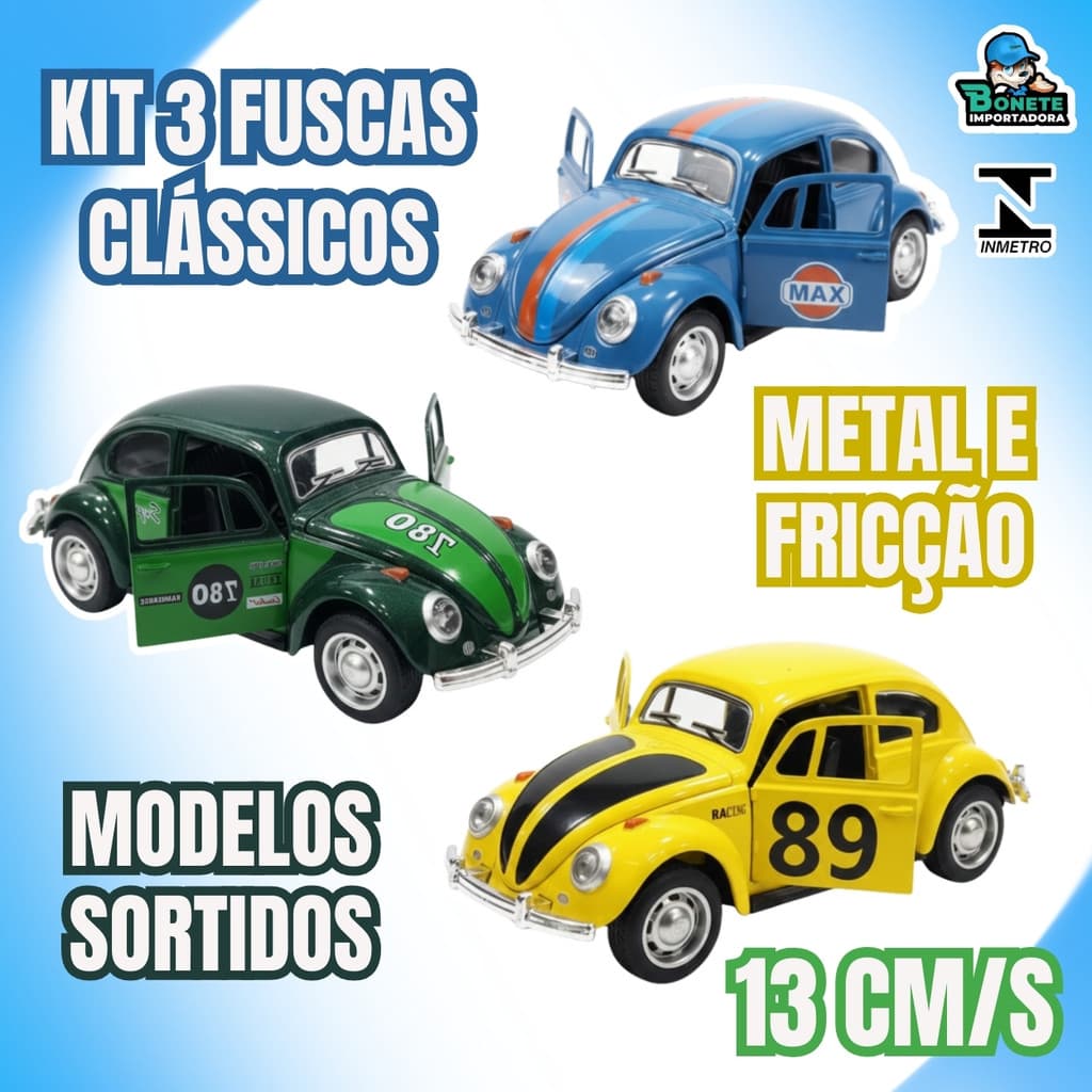 Mini Fuscas de Metal 13cm – Kit com 3 (780, 89, MAX) – Brinquedo de Fricção