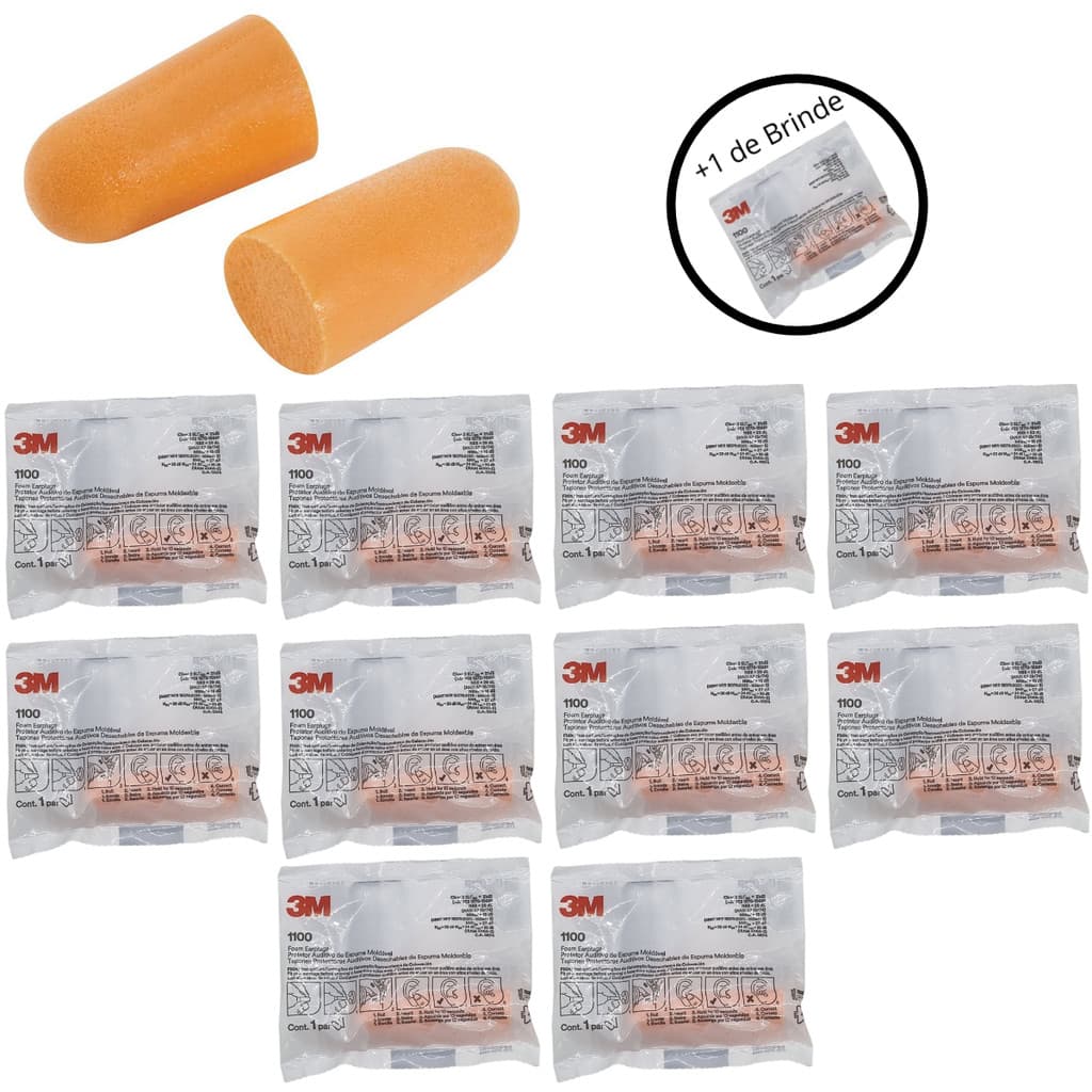 KIT 10 pares + Brinde - Protetor auditivo auricular de espuma sem cordão 3M 1100