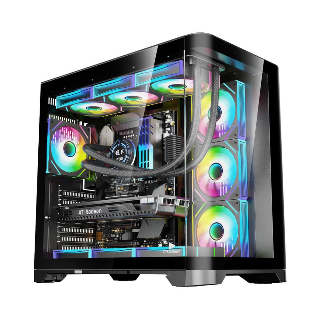 Gabinete Gamer Mid Tower Vidro Temperado Black ATX/M-ATX Sem Fonte Com 7 Fans Rainbow RGB D-MATX09