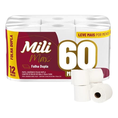 Papel Higiênico Mili Max 60m Folha Dupla - 1 Kit 12 Rolos