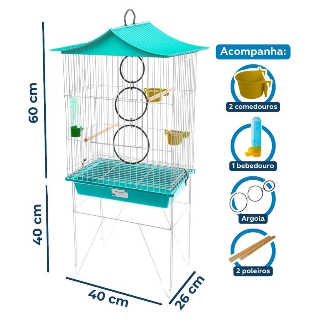 Viveiro de Calopsita Modelo CHINESINHA Completa com Acessórios Bebedouro Argolas Vivopet Gaiola Poleiro de Madeira Aves