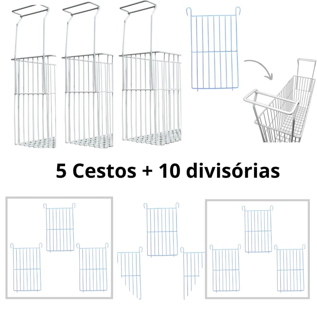 5 Cesto Freezer Horizontal + 10 Separadores De Cesto Fruta Congelados Picolé Polpa