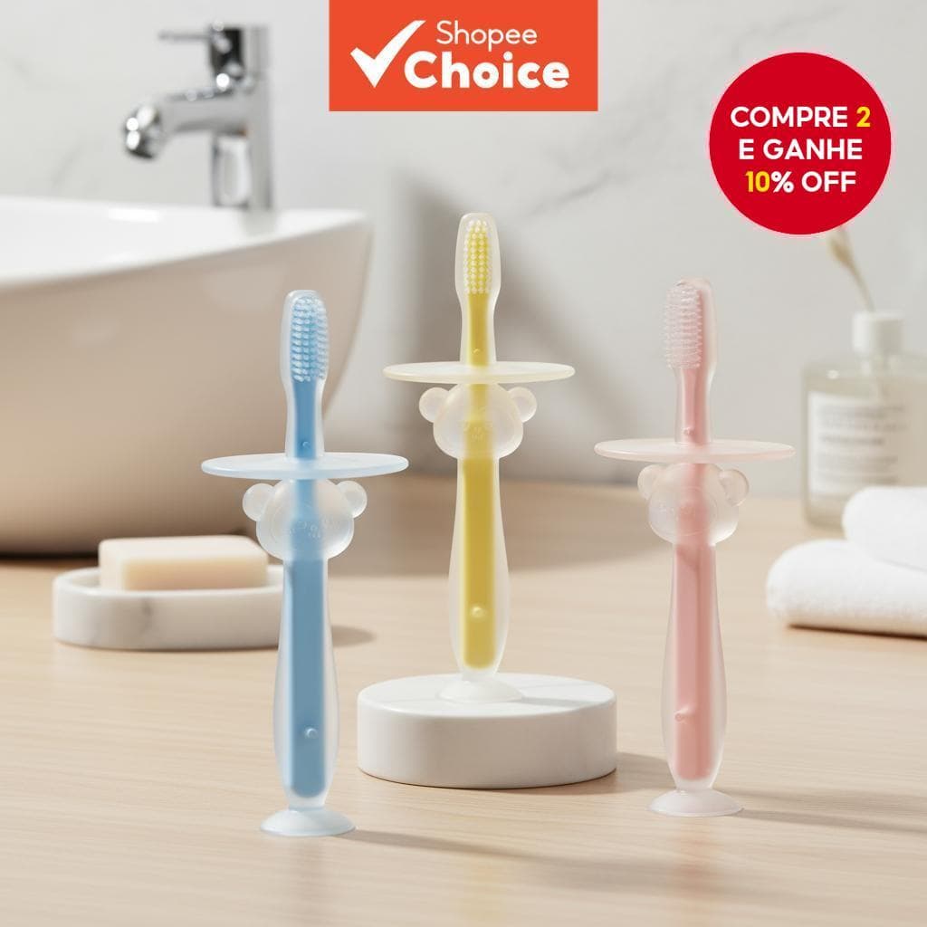  Escova de Dentes de Silicone para Treinamento Infantil com Base de Sucção, Cerdas Macias e Proteção de Segurança
