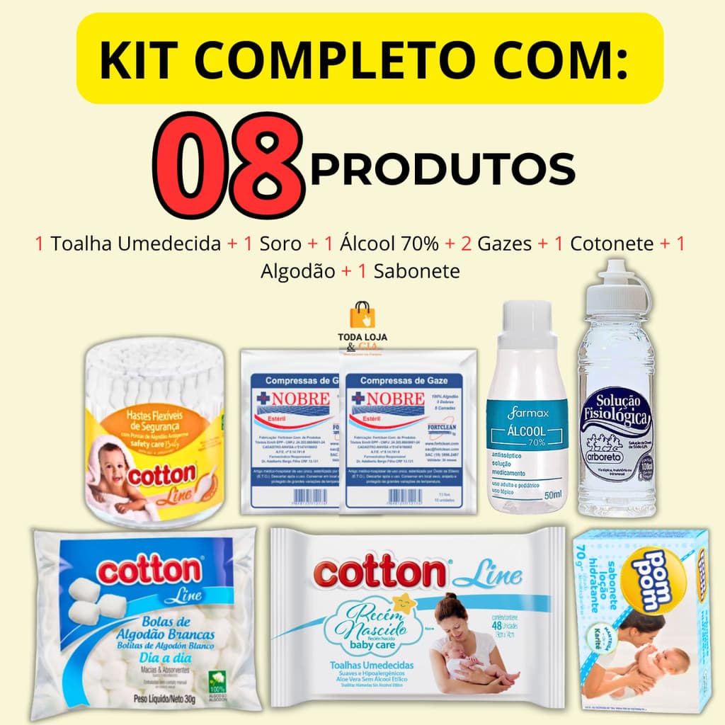 Kit Completo Bebê Recém Nascido Toalha Umedecida Higiene Kit C/ 8 Itens Cotonete+Soro+Gaze