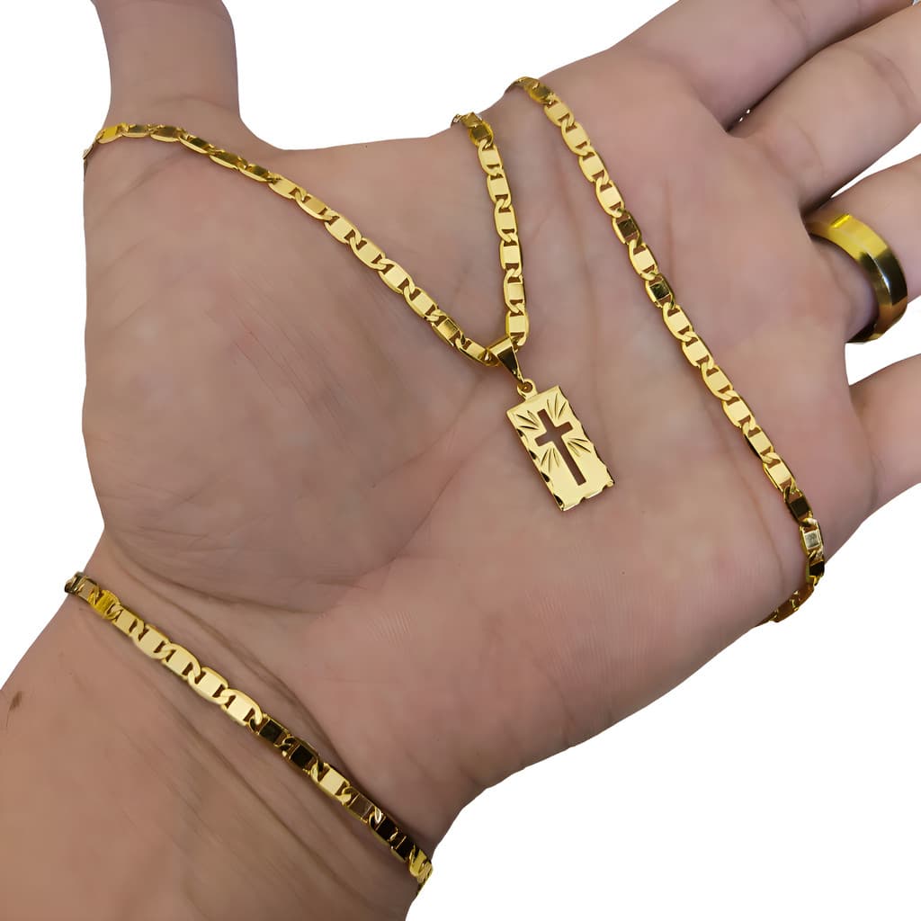 Corrente Piastrine + Pulseira + Pingente Placa Cruz 100% moeda 18k
