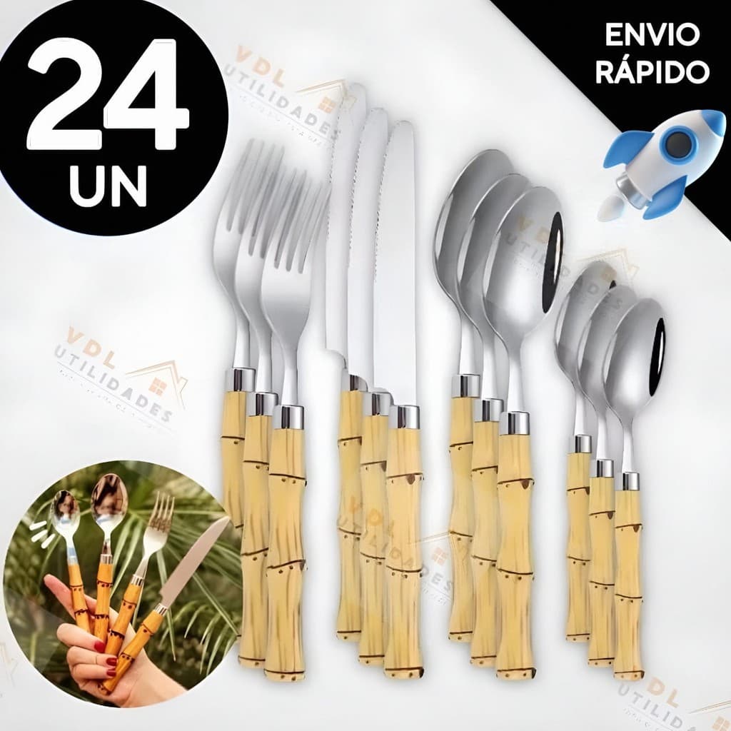 Jogo de Talheres 24 Peças Faca Garfo Colher e Colheres de Sobremesa Em Aço Inox de Cabo Plástico Bambu