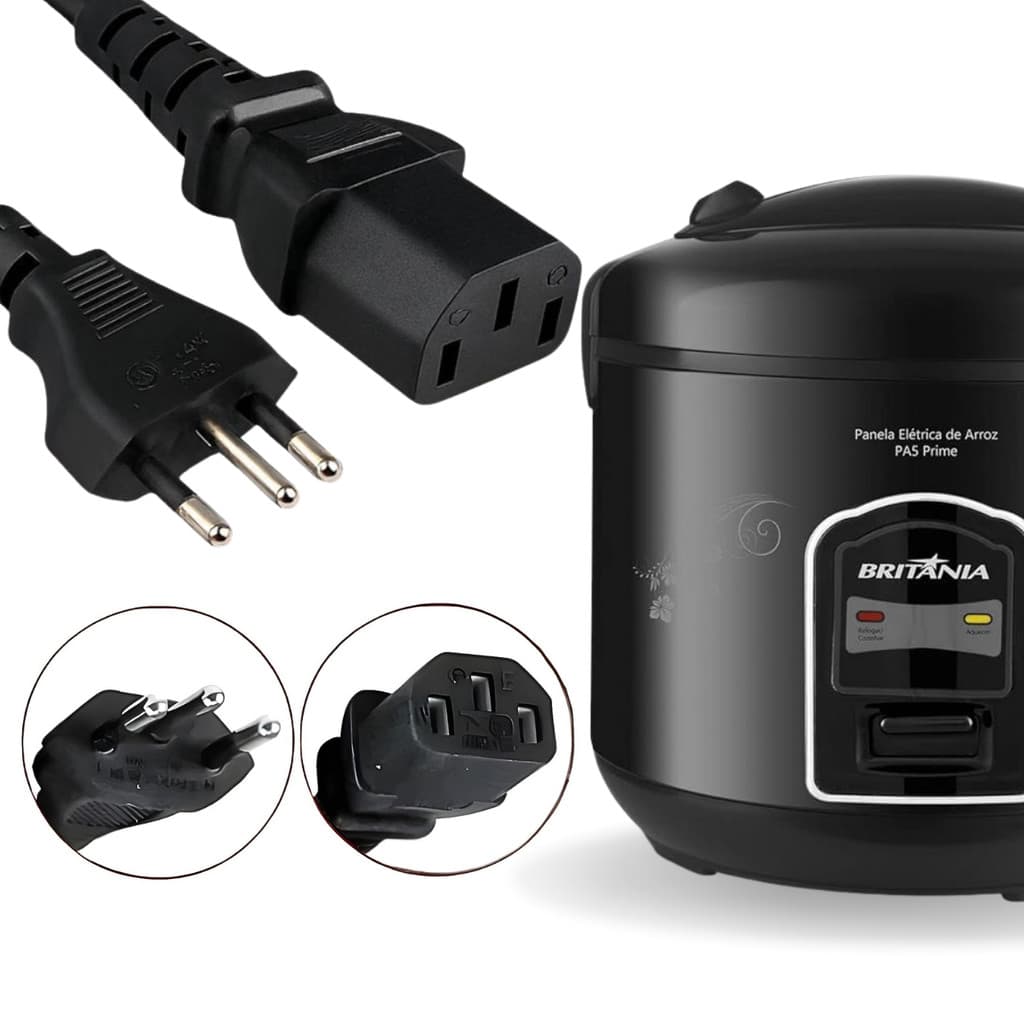 Tomada P/ Panela Elétrica Britania PA5Prime 3Pinos 10A Cabo de Força1,5m Compatível Britânia Energia