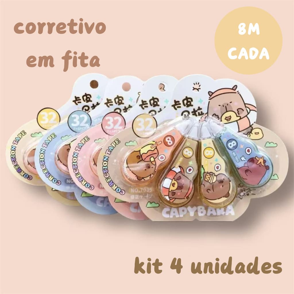 kit 4 unidades Fita Corretivo Modelo Capybara 8M*4 unidades Papelaria Fofa Fita Corretivo escolar