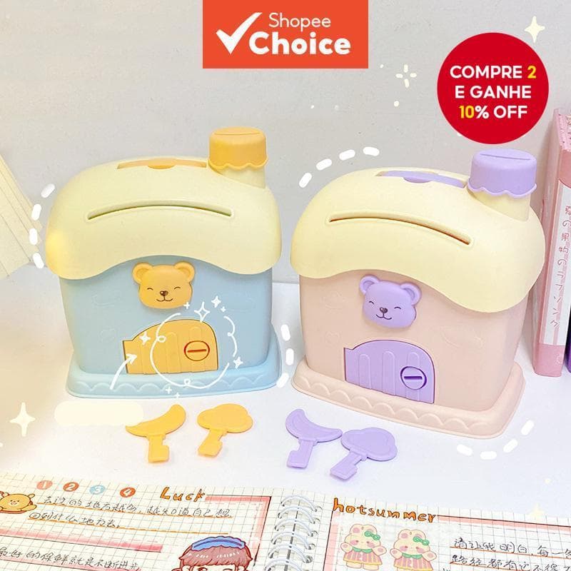 Cofre Infantil Formato de Casa Urso para Decoração, Presente