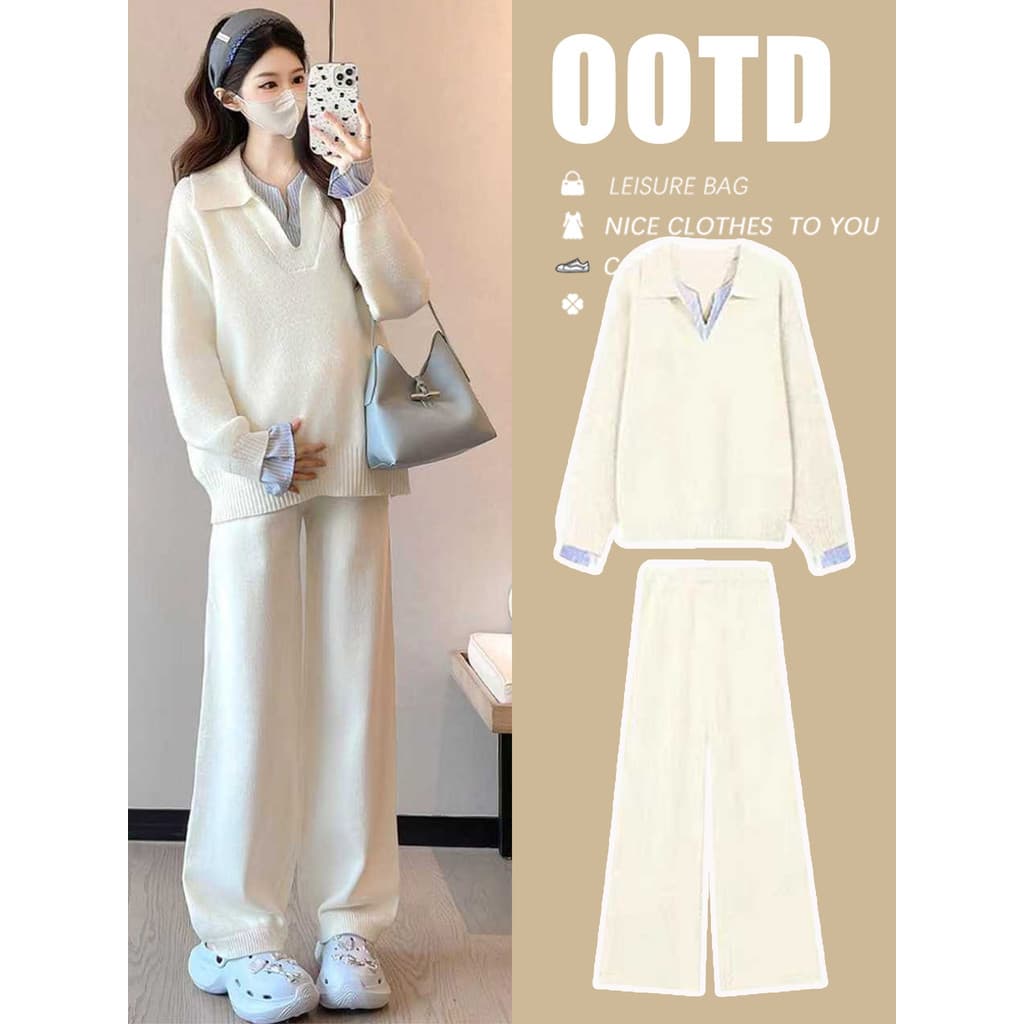 Maternidade outono inverno terno High-End sentimento 2025 novo estilo de malha costura camisola solta pequena grávida