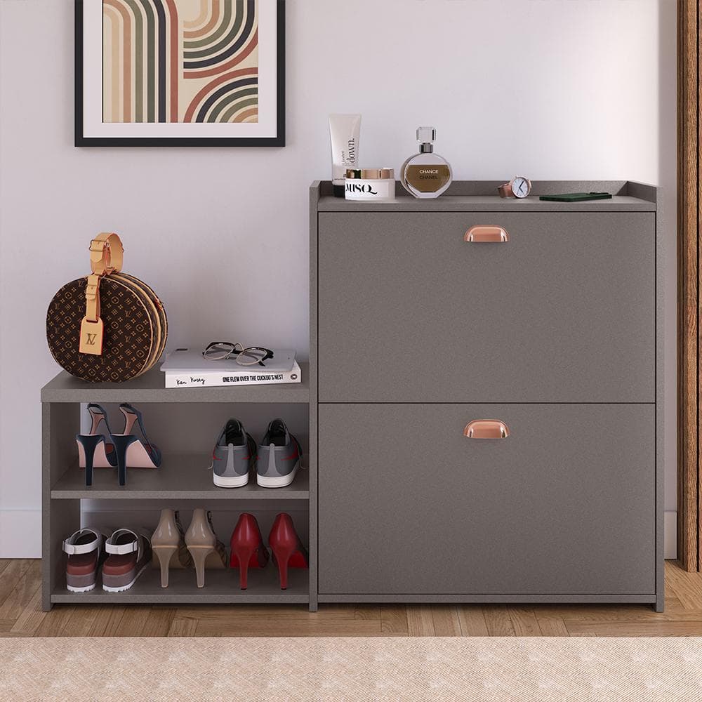 Sapateira Banquinho 2 Portas 21 Pares Sapato Basculantes Puxador Concha Organizador Hall de Entrada Quarto Closet MILANO