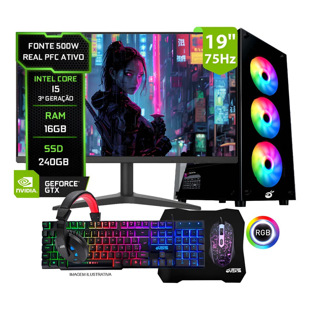 Pc Gamer Completo Setup Ninja Shadow I, Intel Core I5, 8gb Ram, Ssd 120gb, Video 1GB, Monitor 19 , Kit Periféricos