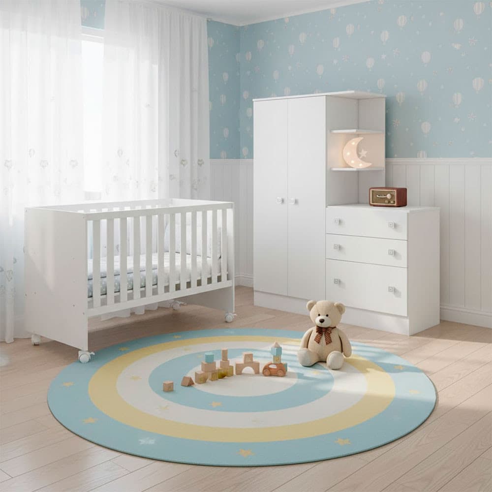 Quarto Bebê Infantil Doce Sonho Berço Reto Rodizio e Guardar Roupas com Cômoda Qmovi