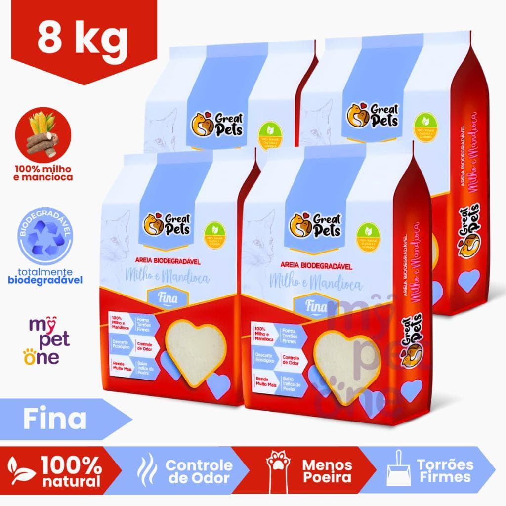 Areia Great Pets para Gatos Biodegradável Fina - 2Kg a 8Kg