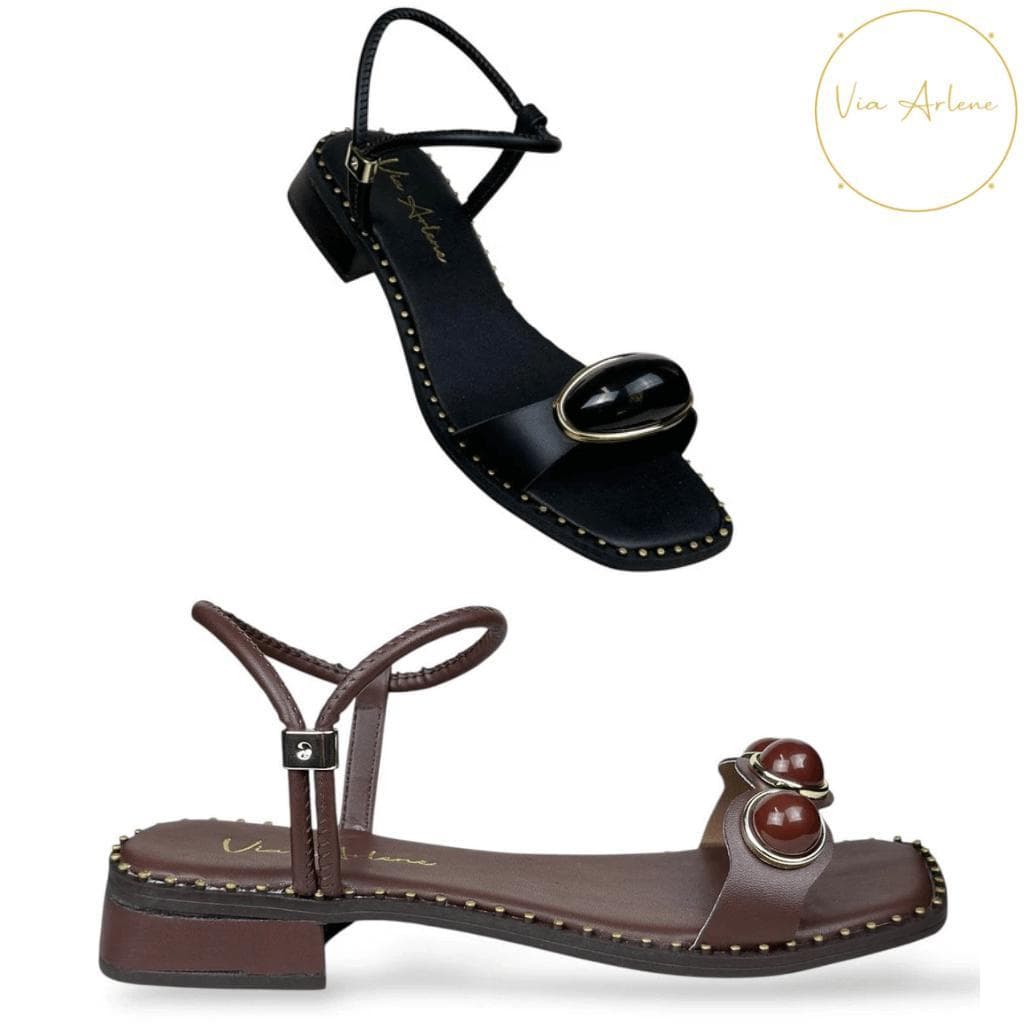 Kit 2 pares Sandália Feminina Enfeite Esfera e Lesma Salto Baixo Elegante Traseira Aberta Ajustável