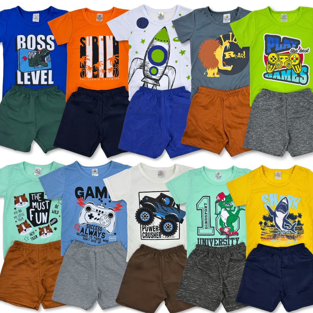 Kit 6 ou 10 peças Conjunto Verão Roupa Menino Infantil Camiseta + Shorts Sortidos Estampados