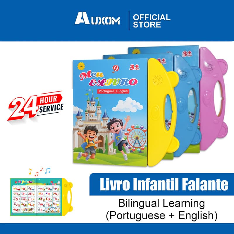 Livro Educativo Infantil Bilíngue com Toque e Som, Ilustrado e Interativo em Português e Inglês