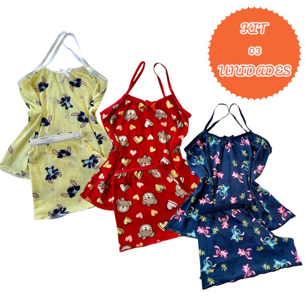 Kit 3 Pijamas Soft Infantil Short Doll Menina Personagens Stitch Poliéster