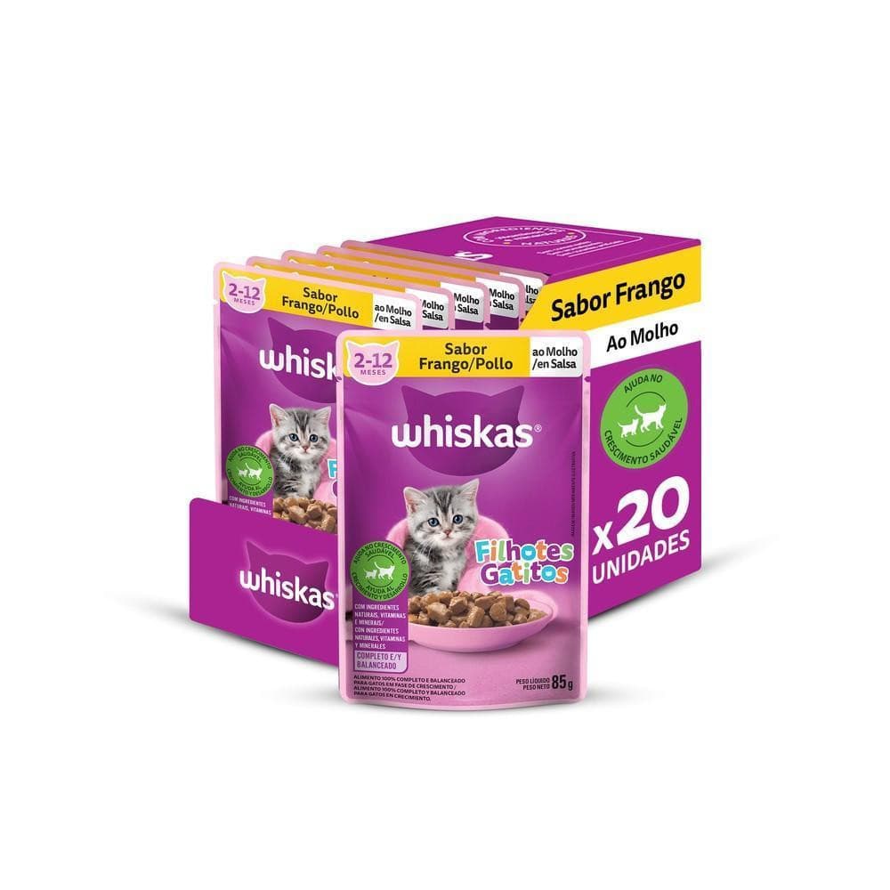 Ração Úmida Whiskas Sachê Frango ao Molho para Gatos Filhotes - 20 Sachês de 85g