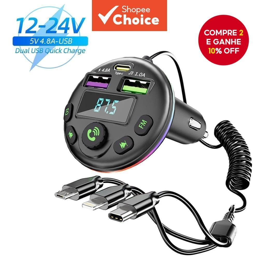 Carro Bluetooth 5.0 Transmissor FM MP3 Player Receptor De Áudio Mãos-Livres Com Cabo De Carregamento 3 Em 1 Carregador D