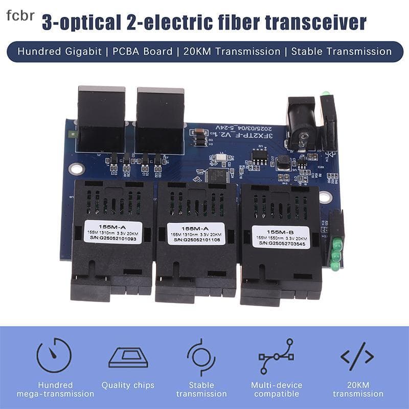 fcbr 3F2E Conversor Ethernet Rápido 20KM De Mídia Óptica De Fibra Modo Único 2 RJ45 3 Porta