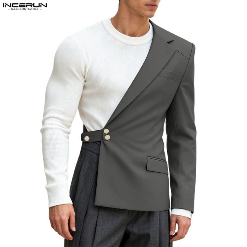 INCERUN Blazer Masculino Vintage Com Design Exclusivo Avançado , Gola Redonda , Bloco Colorido De Um Ombro , Casual