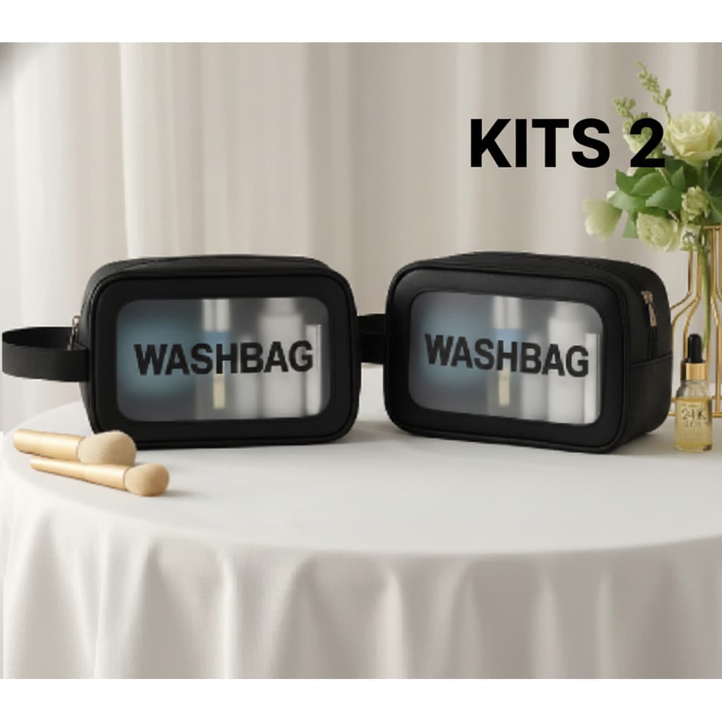 Kits 2 Washbag Necessaire Transparente PVC Impermeável Organizadora Maquiagem Viagem Higiene Pessoal Multiuso Grande