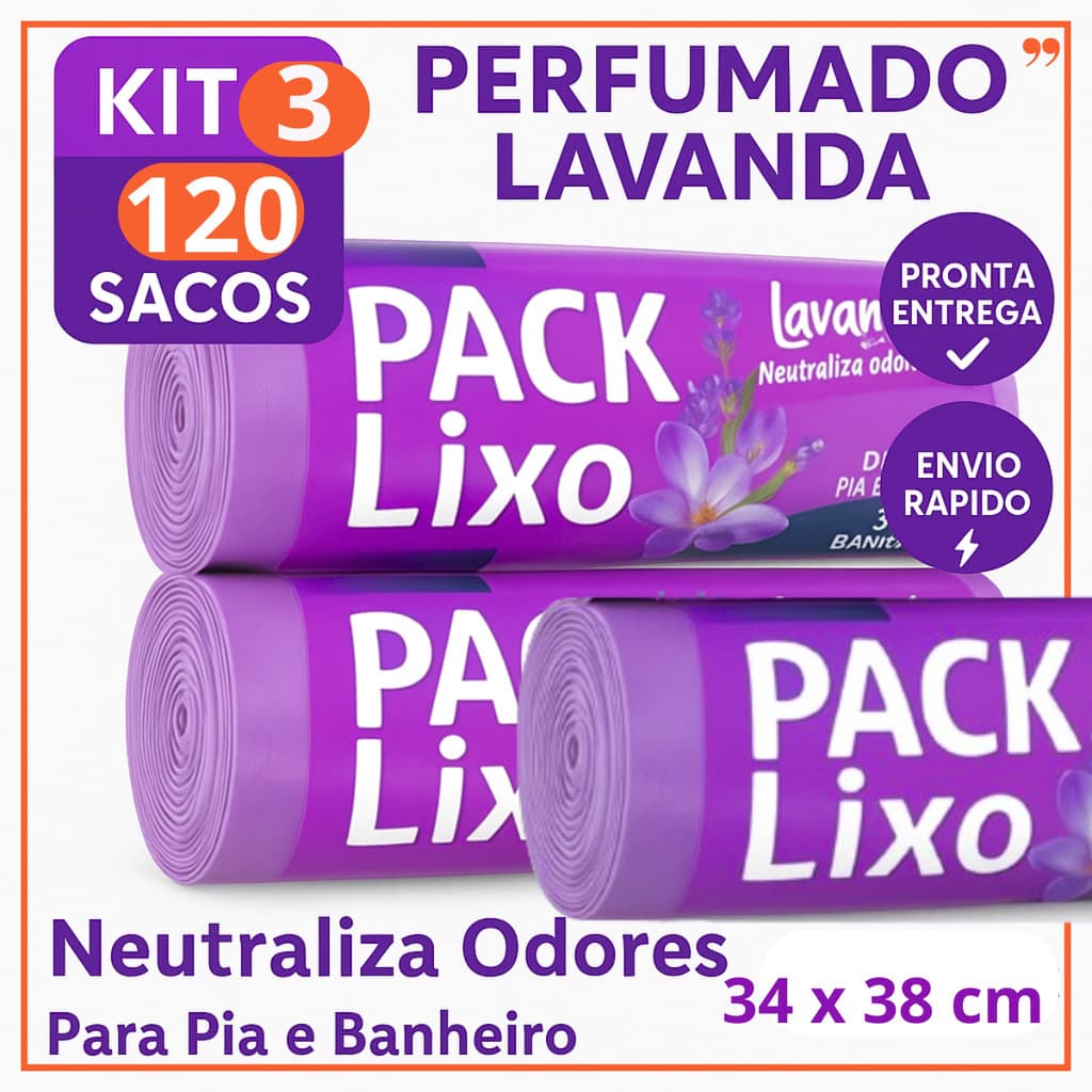 Sacos Para Lixo Perfumado Lavanda | Kit 3 com 120 Sacos | Para Pia e Banheiro | 34x38cm | Anti Odores