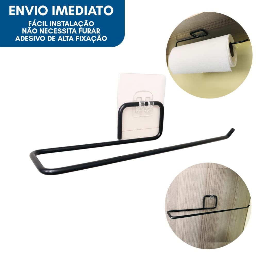 Suporte Porta Papel Toalha Adesivo Armário Cozinha Organizador Sem Furos Elegante Preto