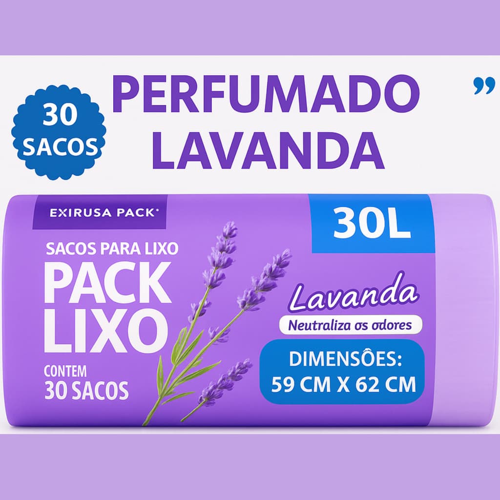 Saco de Lixo 30 Litros / 30 Sacos | Perfumado Cheiro De Lavanda, Reforçado, Neutraliza Odor 59x62 CM