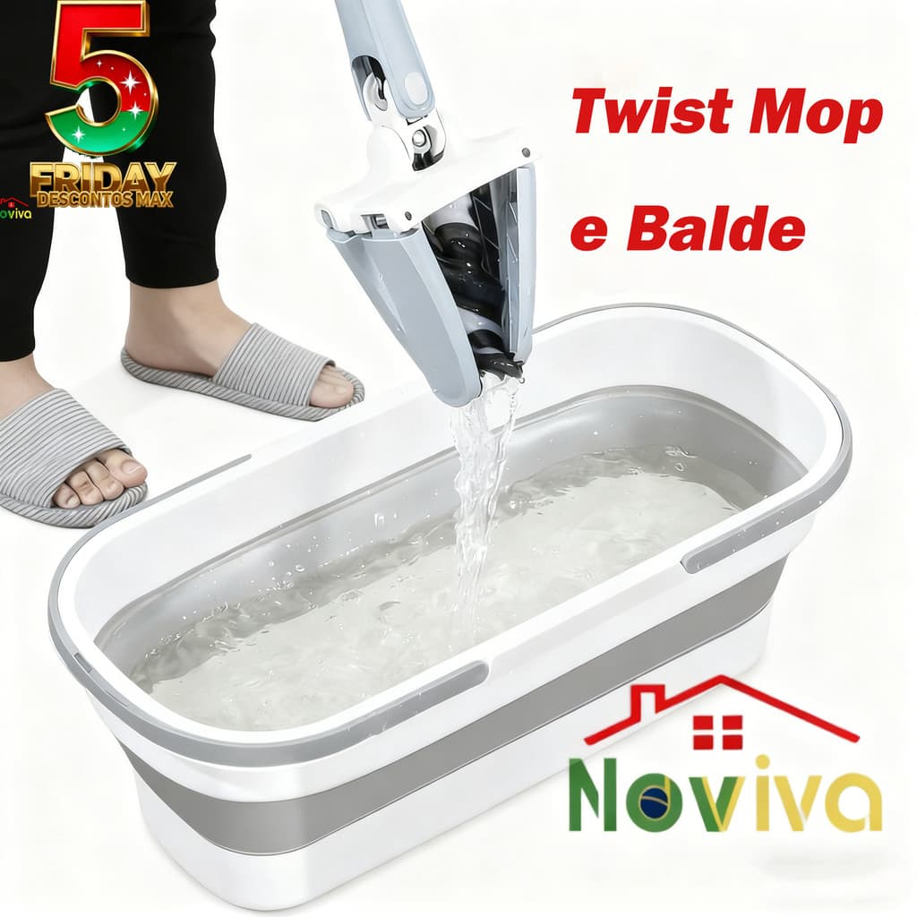 Balde Dobrável Retangular Silicone Noviva com Rodas e Alça Retrátil | Mop Limpeza Prático