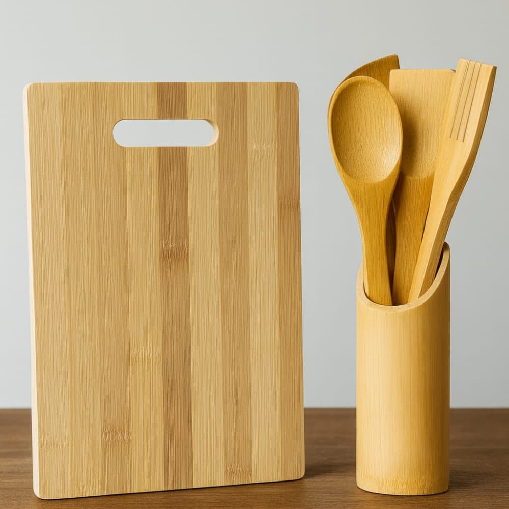 Tabua De Corte Colher Utensilhos Cozinha Bambu Pratica Funcional Sustentavel Resistente Ao Calor kit