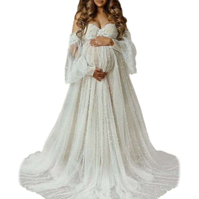 * Vestido Ombro Fotográfico Para Grávidas Tecido Respirável Bainha Longa