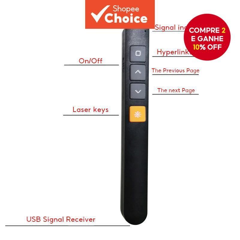 Caneta de apresentação a laser vermelha PPT nova, caneta de virada de página sem fio 2.4G RF, apontador USB, controle