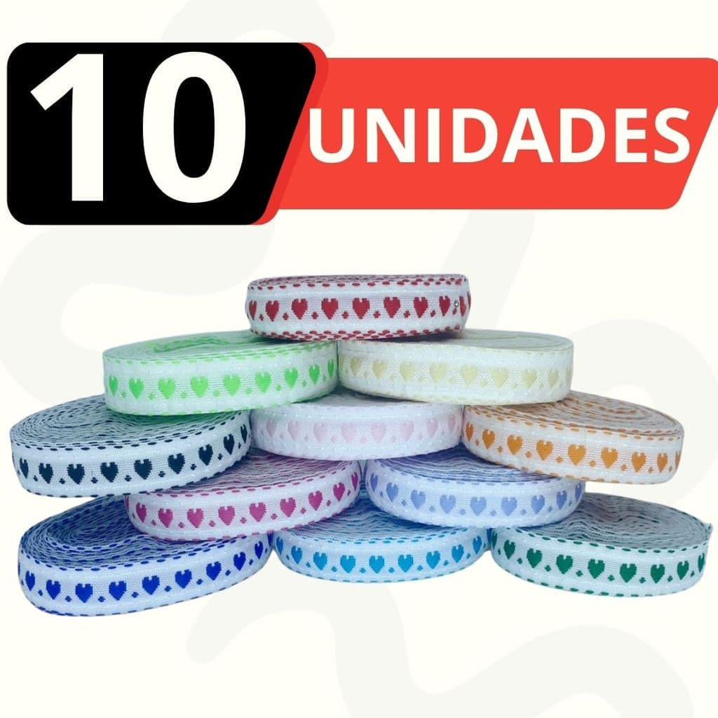 Kit 10 Rolo Passa Fita Falso Coração 10m   Diversas Cores