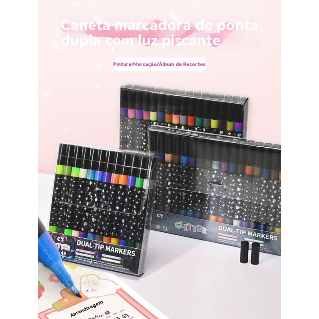 Marcador metálico de glitter de cabeça dupla marcador de cabeça dupla brilhante 12/24/36/48 peças bosco