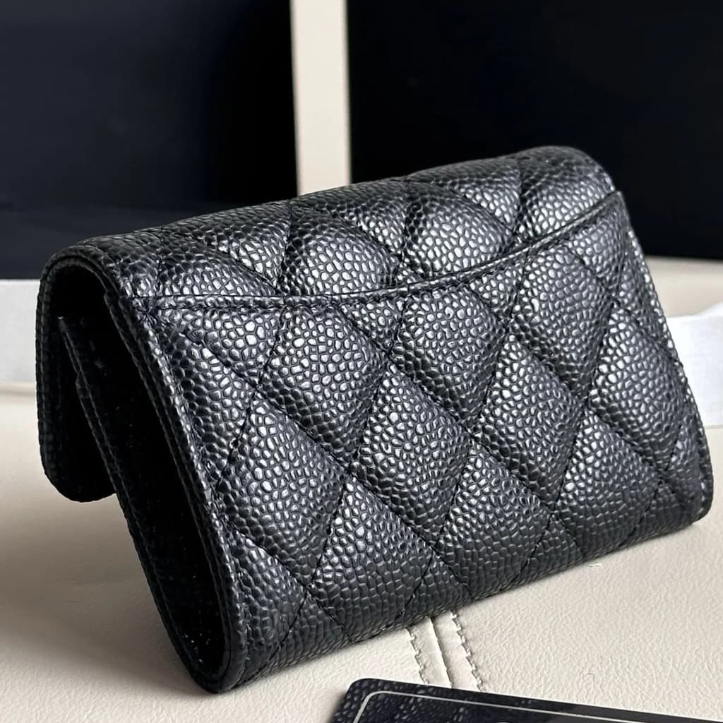 Carteira de Couro Genuíno Estilo Caviar Bolsa Acolchoada Multi-slot CF Preto Ouro Carteira Portátil para Moedas C