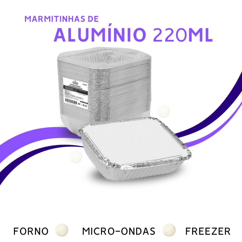 Marmita de Alumínio Com Tampa Retangular 220ml M90 Para Bolos Empadas Lembrancinhas 100 Unidades Descartável Micro Ondas