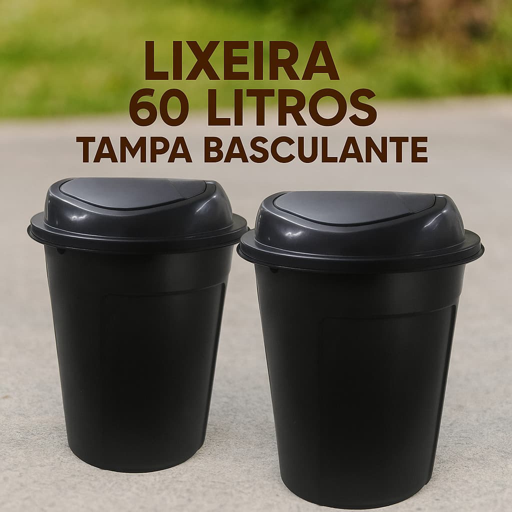 Kit 2 Lixeiras 60 Litros Trampa Vai Vem Preto Limpeza Roupas Banheiro Organizador