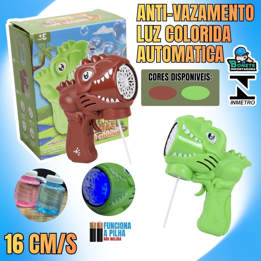 Lançador de Bolhas Dinossauro 16cm Infantil Luz LED Anti Vazamento ABS