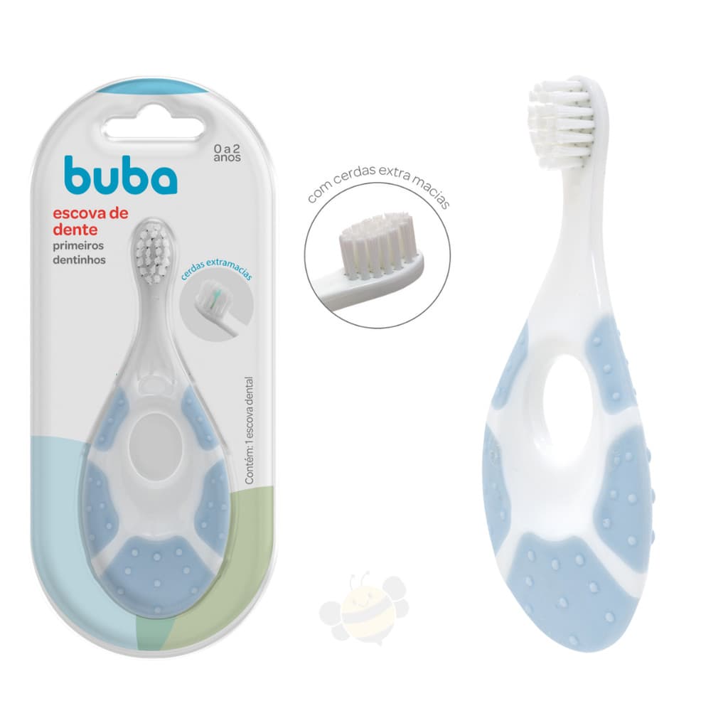 Escova de Dente Buba Higiene Bucal Bebê Menino Escova Dente Azul Primeiros Dentinhos