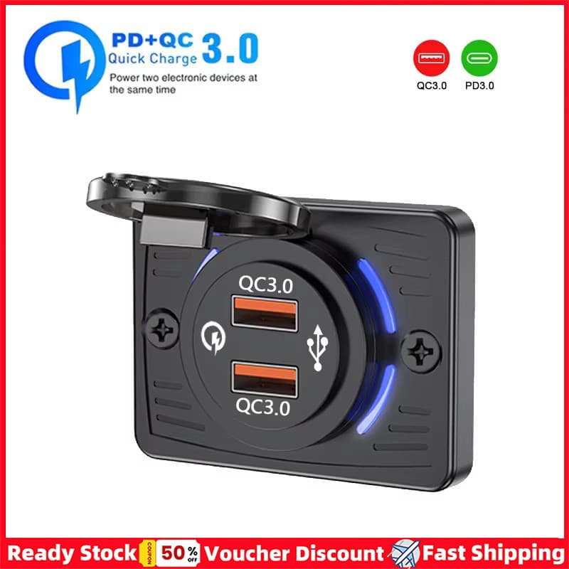 PD + QC Carregador Rápido De Carro 3.0 18W E 30W Tomada De Carregamento À Prova D'água Para Ônibus RV ATV Caminhão Barco