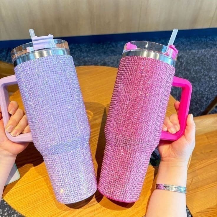 Copo Térmico 1200ml Com Strass Brilhante Com Alça Tampa E Canudo de Plastico