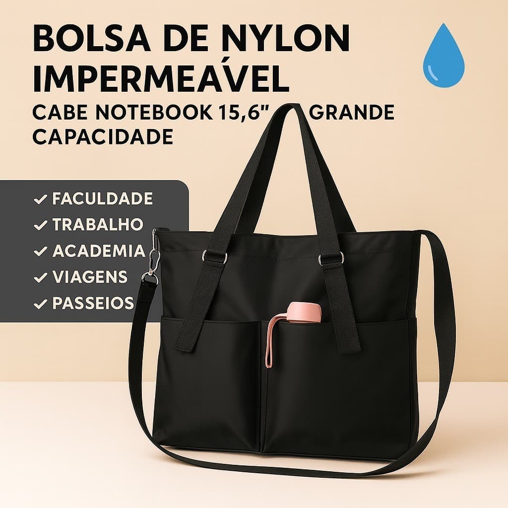 Bolsa Feminina de Nylon Resistente Impermeável Notebook 15,6” Grande Espaço