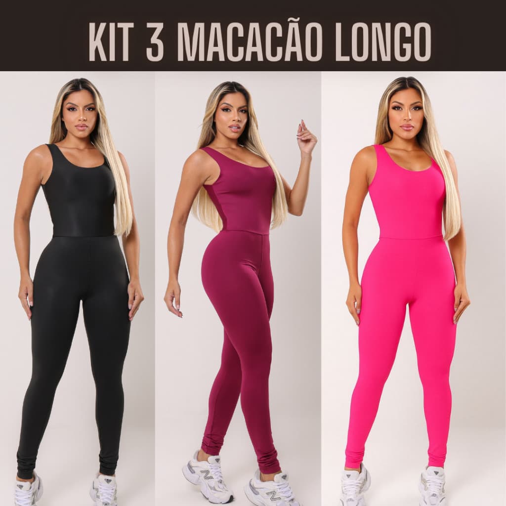 Kit 3 Macacão Longo Feminino Fitness Academia Treino Musculação Sem Transparência