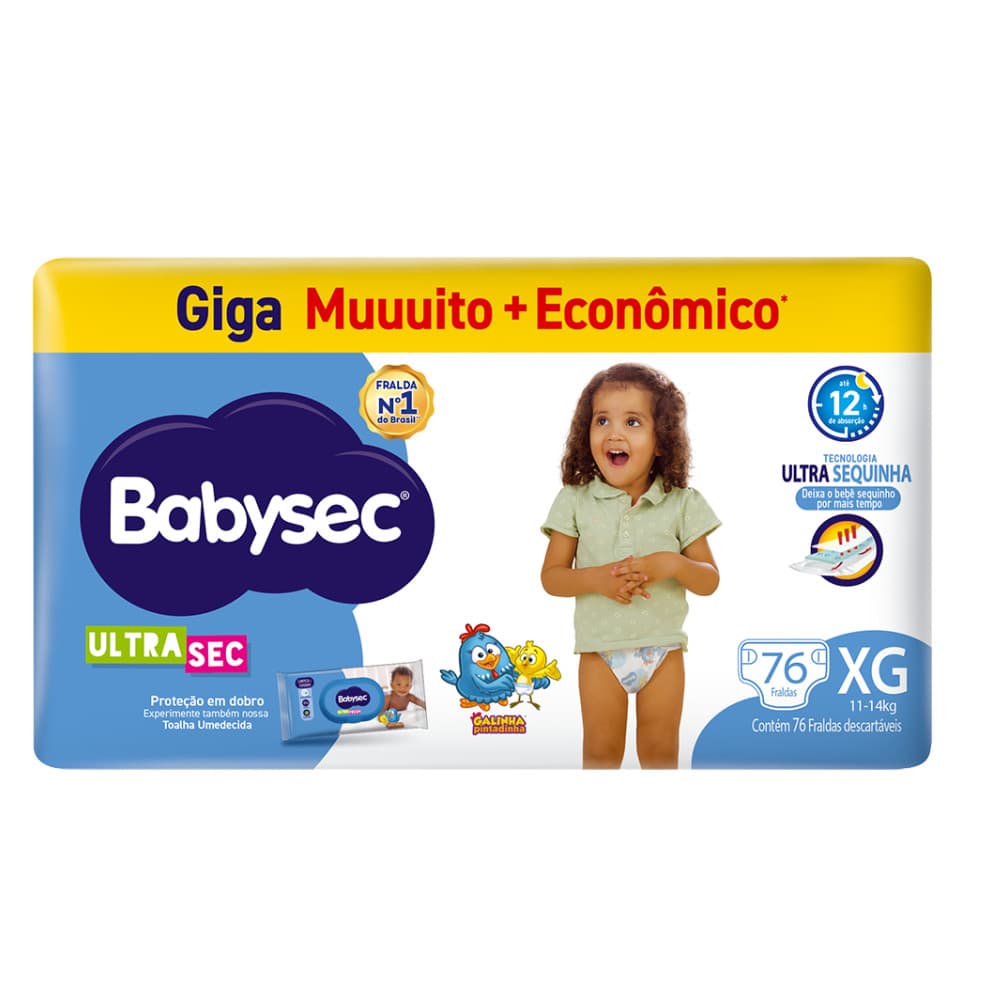 1 Pacote de Fralda BabySec Galinha Pintadinha Ultrasec XG Giga – 76 Unidades