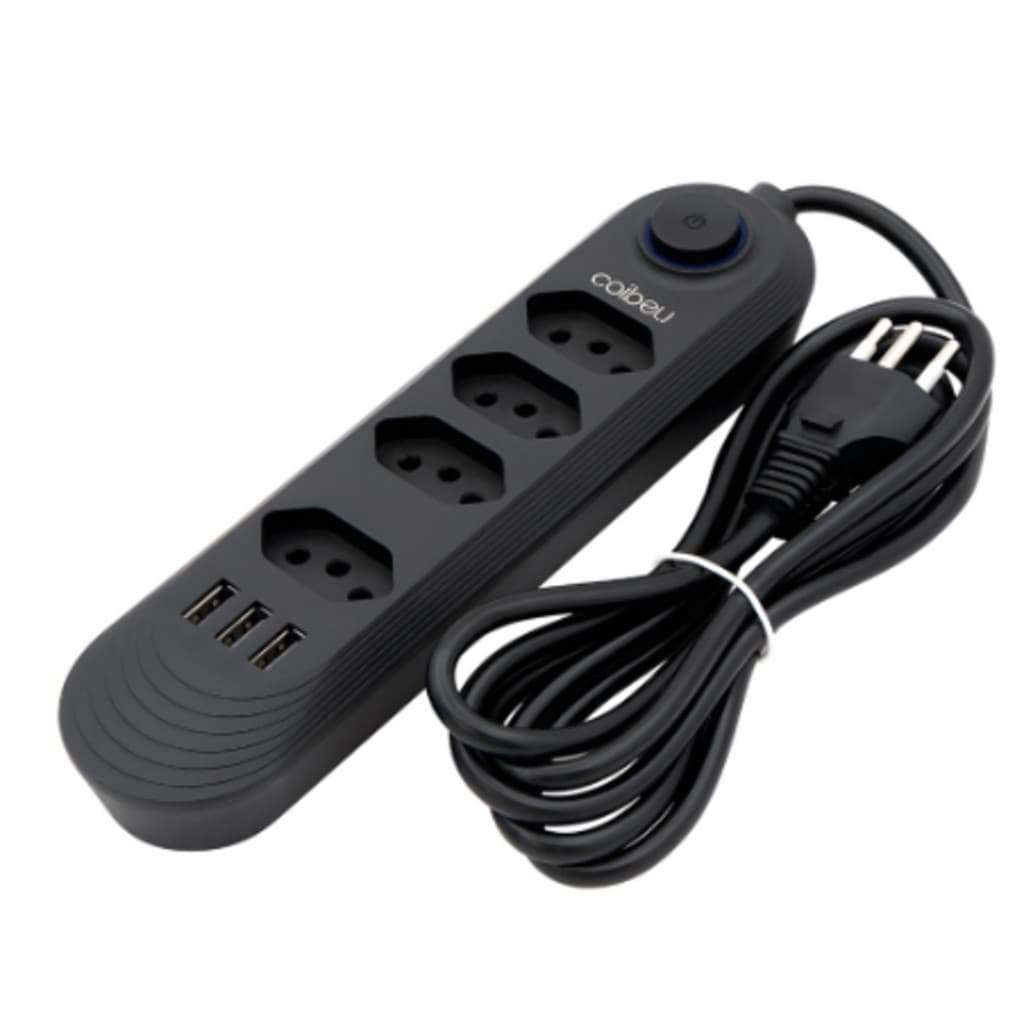 COIBEU Extensão de tomadas 4 tomadas de 3 furos e 3 usb filtro de linha com cabo de 2m Bivolt-Promoção