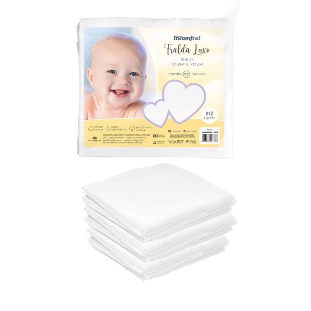 Fralda Pinte E Borde Branca 100% Algodão 70x70 Kit Com 15 Unidades