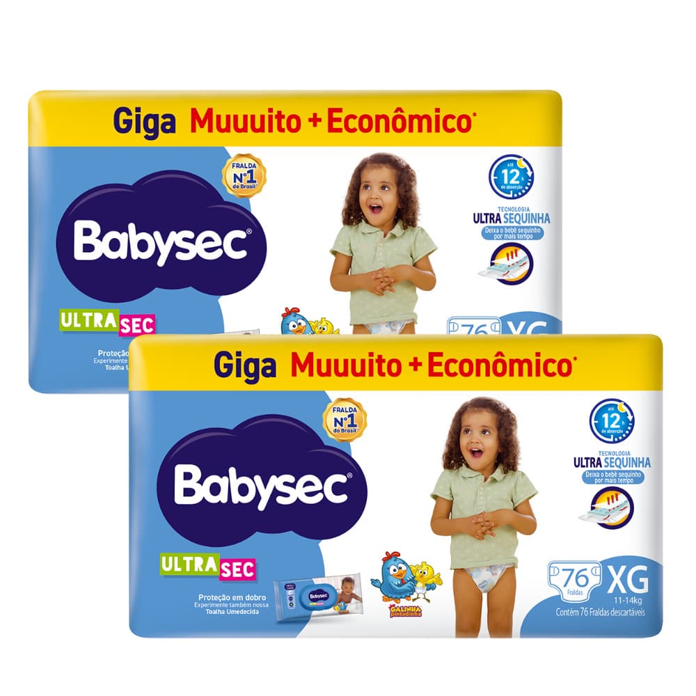 Kit 2 Pacotes de Fraldas BabySec Ultrasec Giga XG Galinha Pintadinha – 76 Unidades