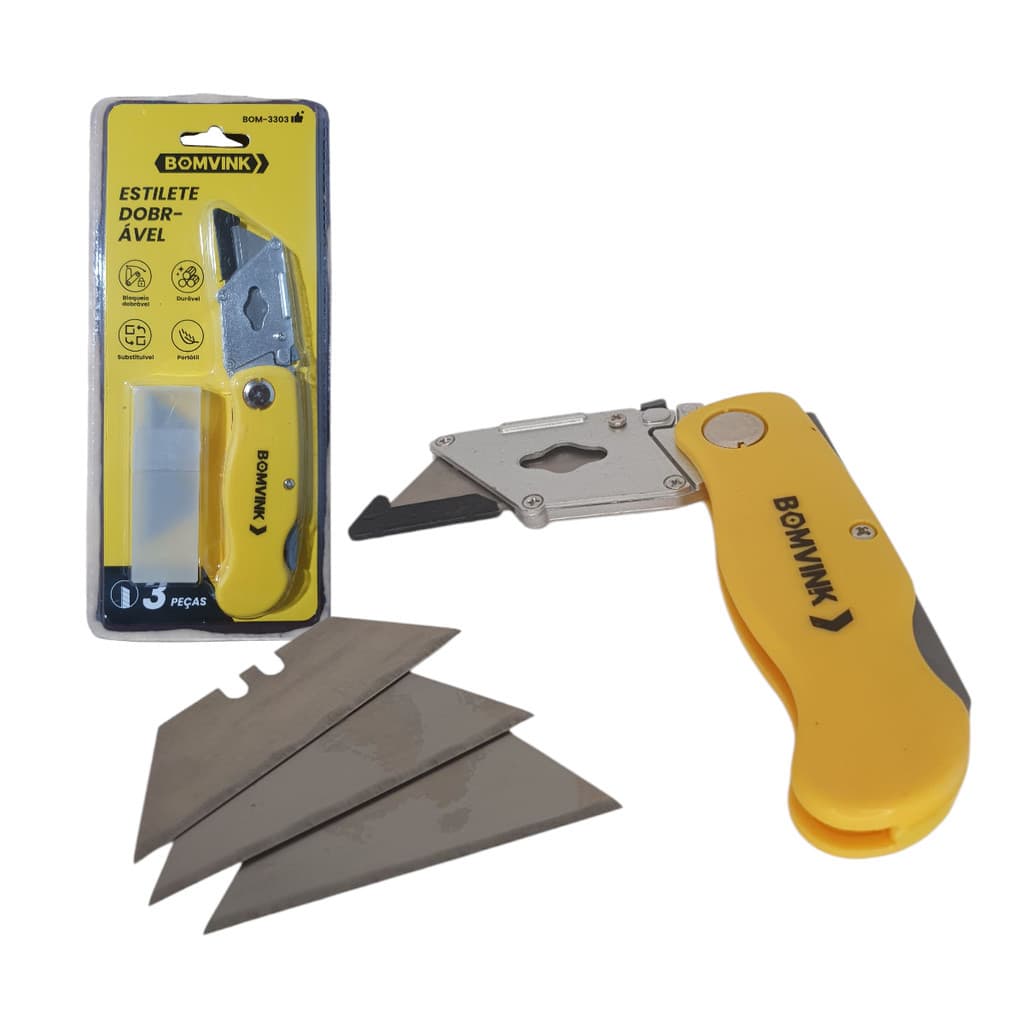 Estilete Dobrável Trapezoidal Profissional Com 4 lâminas extras e Trava de Segurança
